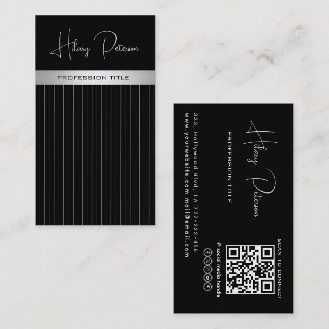 Chic elegant black/white discrete stripes Qr code Business Card (Front/Back)