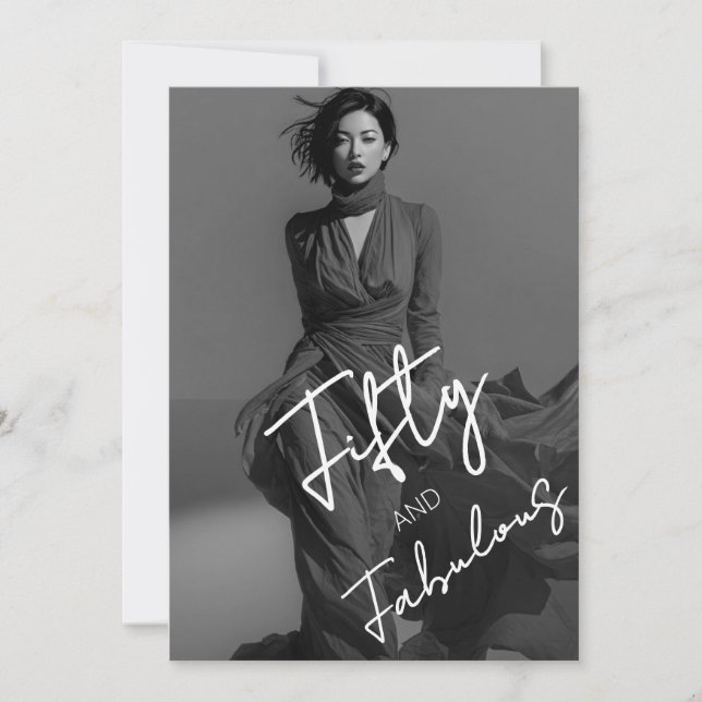 Chic Elegant Black & White Photo Fifty & Fabulous  Invitation (Front)
