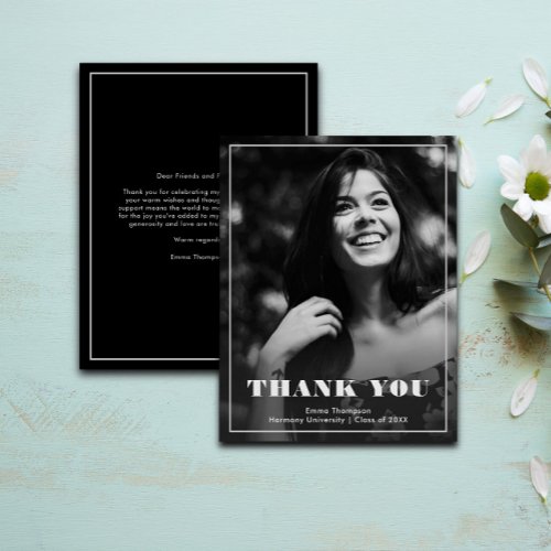 Chic Elegant Black  White Photo Graduation Thank You Card