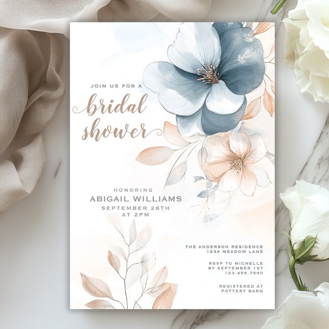 Chic Elegant Blue and Blush Floral Bridal Shower Invitation (Chic Elegant Blue and Blush Floral Bridal Shower Invitation)