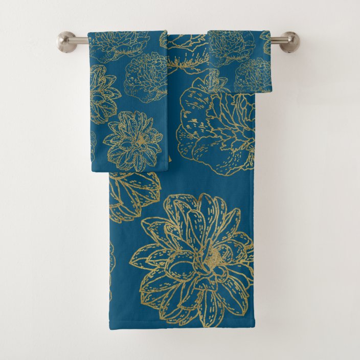 Chic Elegant Blue Gold Line Drawn Flower Pattern Bath Towel Set