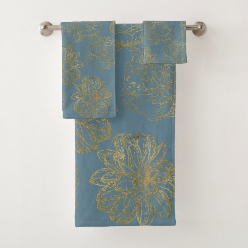 Chic Elegant Blue Gold Line Drawn Flower Pattern Bath Towel Set