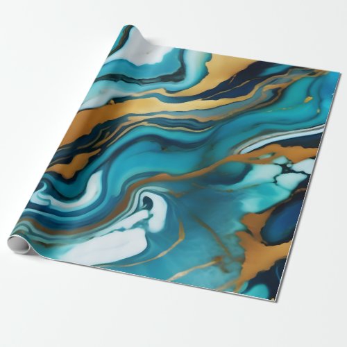 Chic Elegant blue green gold Faux Marble  Wrapping Paper