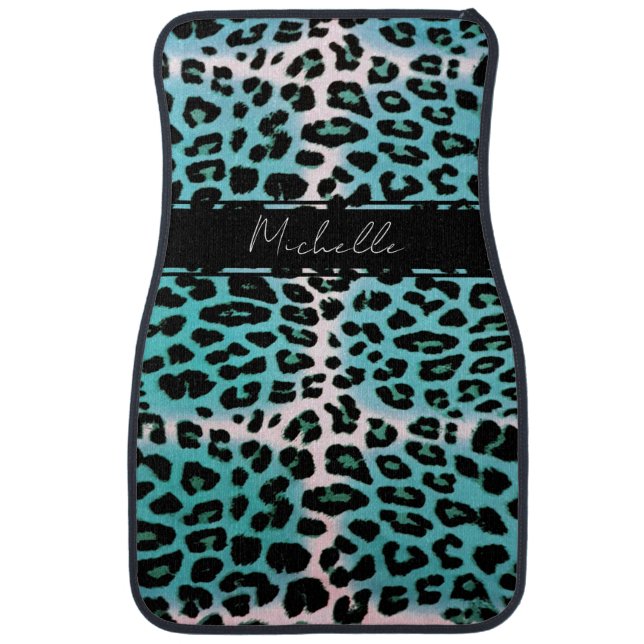 Chic Elegant Blue Leopard Print Personalized Car Floor Mat (Front)