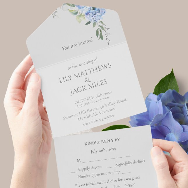 Chic Elegant Blue Periwinkle Hydrangea Floral RSVP All In One Invitation (Creator Uploaded)