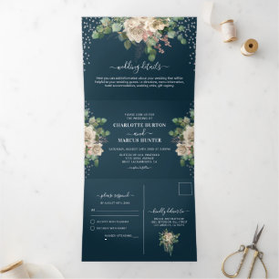 Chic Elegant Blush Florals & Navy Tri-Fold Wedding