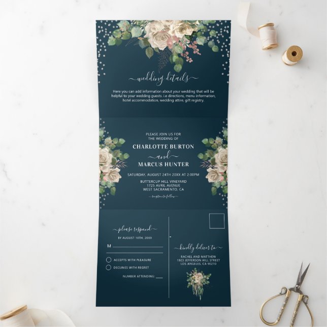 Chic Elegant Blush Florals & Navy Tri-Fold Wedding Invitation (Inside)