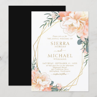 Chic Elegant Blush Gold Peach Black Floral Wedding Invitation