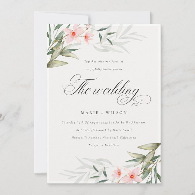 Chic Elegant Blush Greenery Floral Wedding Invite (Front)