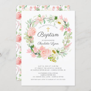 Chic & Elegant Blush Pink Floral Baptism Invitation