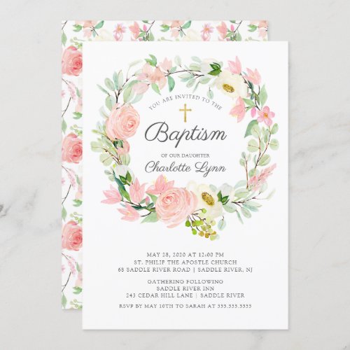 Chic  Elegant Blush Pink Floral Baptism Invitation
