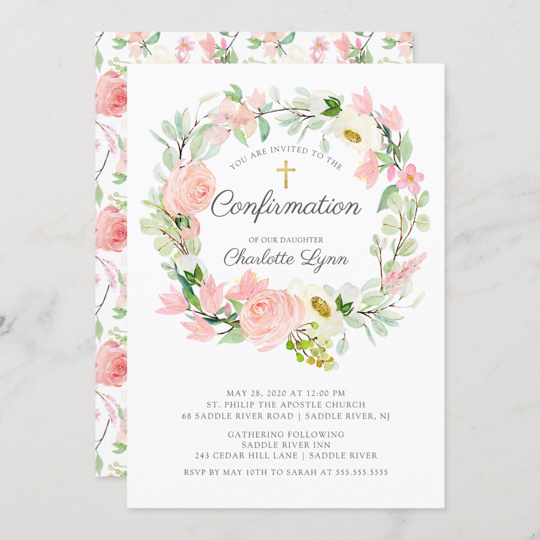 Chic & Elegant Blush Pink Floral Confirmation Invitation | Zazzle