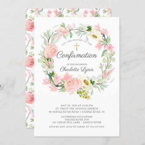 Chic  Elegant Blush Pink Floral Confirmation Invitation