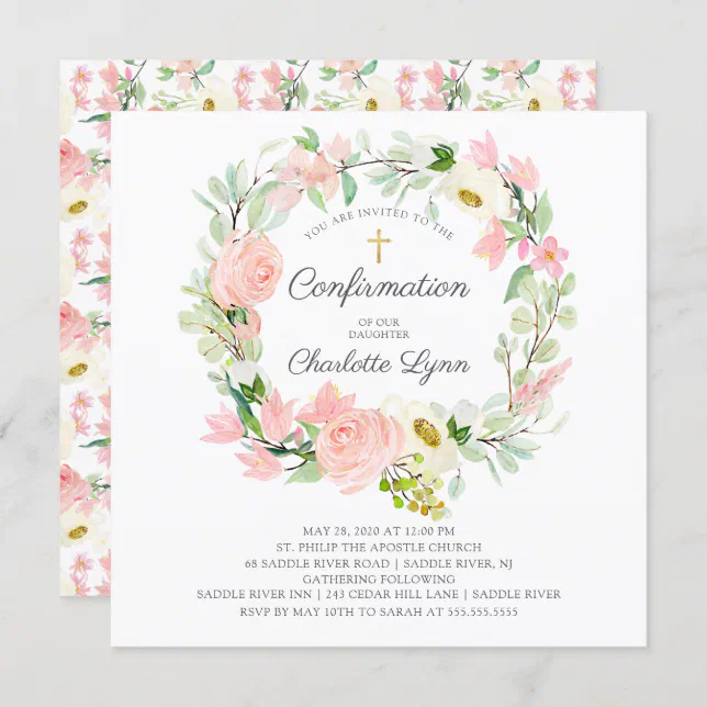 Chic & Elegant Blush Pink Floral Confirmation Invitation | Zazzle