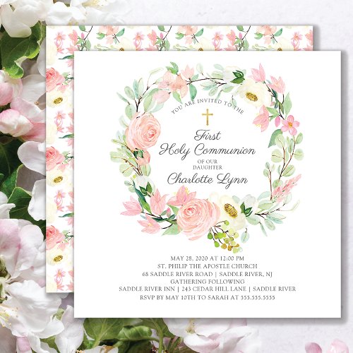 Chic  Elegant Blush Pink Floral First Communion Invitation