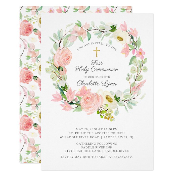 Chic & Elegant Blush Pink Floral First Communion Invitation | Zazzle.com