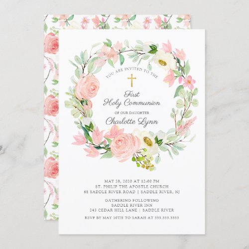 Chic  Elegant Blush Pink Floral First Communion Invitation