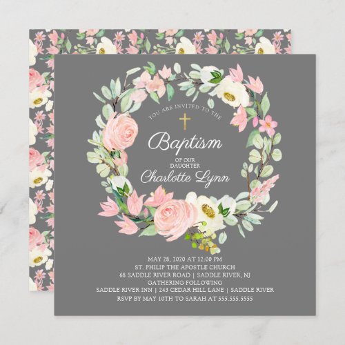 Chic  Elegant Blush Pink Floral Girls Baptism Invitation