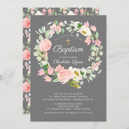 Chic  Elegant Blush Pink Floral Girls Baptism Invitation