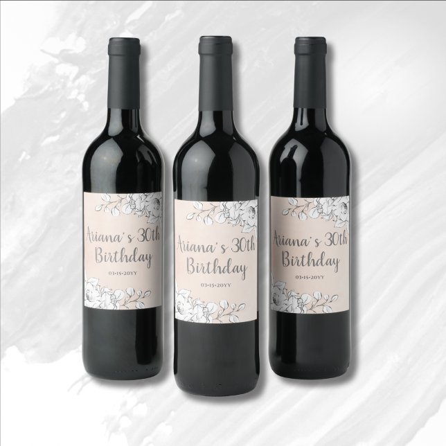 Chic Elegant Blush Pink White Floral Birthday Wine Label (Creator Uploaded)