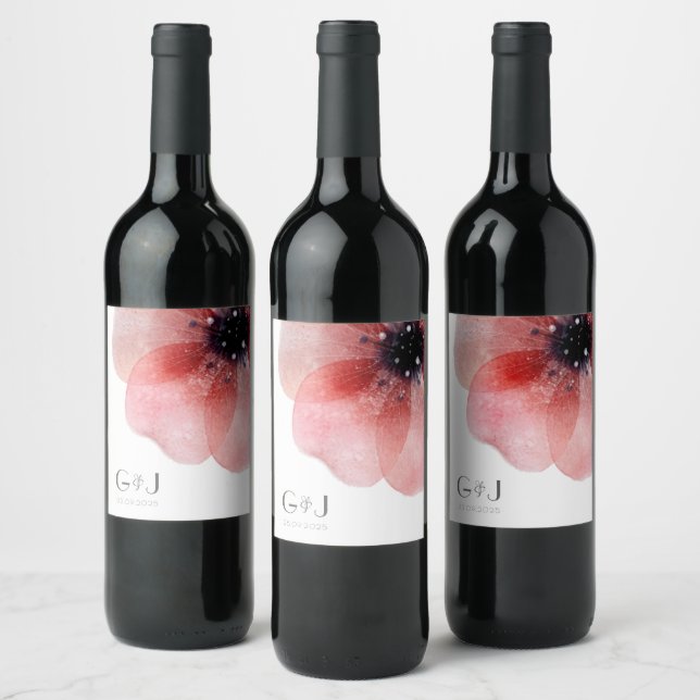 Chic Elegant Blush Poppy Monogram Wedding Wine Label (Bottles)