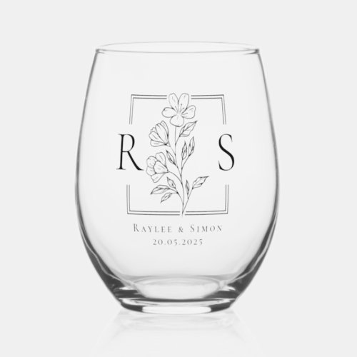 Chic Elegant Boho Floral Monogrammed Initial Stemless Wine Glass