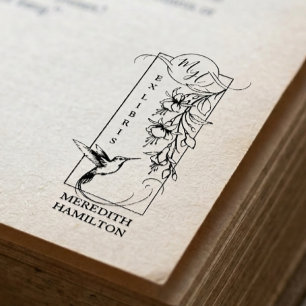 Chic Elegant Botanical Ex Libris Hummingbird Rubber Stamp