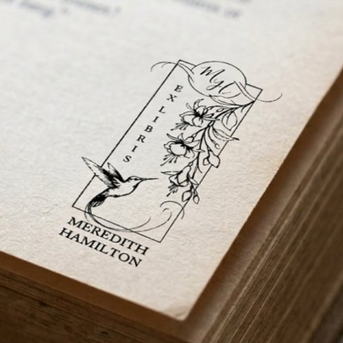 Chic Elegant Botanical Ex Libris Hummingbird  Rubber Stamp