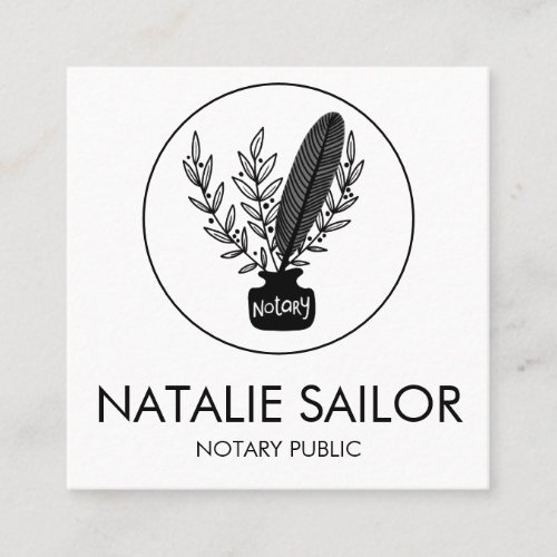 Chic Elegant Botanical Quill Logo Notary Public  Square Business Card