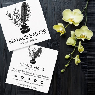 Chic Elegant Botanical Quill Logo Notary Public  Square Business Card