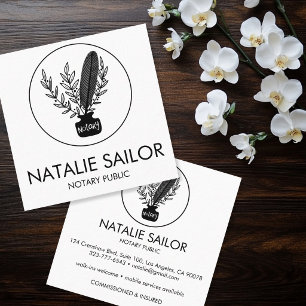 Chic Elegant Botanical Quill Logo Notary Public Square Business Card