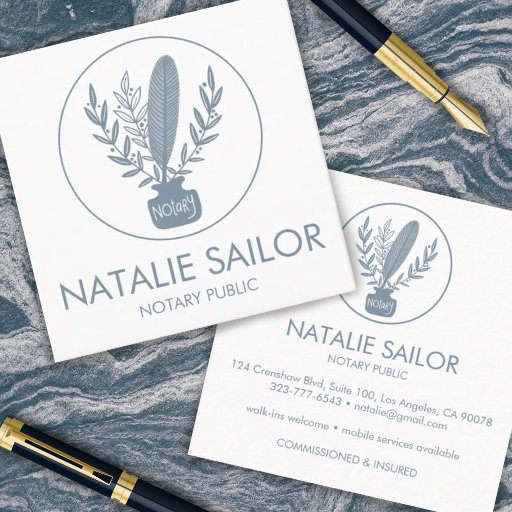 Customizable Chic Elegant Botanical Quill Logo Notary Public Square Business Card