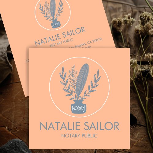 Chic Elegant Botanical Quill Logo Notary Public Square Business Card