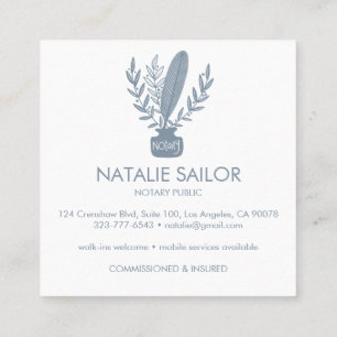 Chic Elegant Botanical Quill Logo Notary Public Square Business Card
