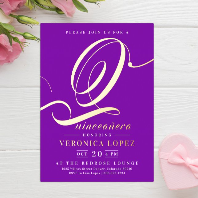 Chic Elegant Bright Purple 15th Quinceañera Party Foil Invitation (Creator Uploaded)
