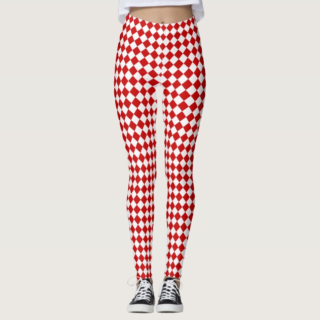 Chic Elegant Bright Red White Diamond Pattern Leggings (Front)
