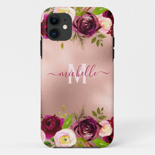 Chic Elegant Burgundy Blush Pink Floral Name iPhone 11 Case