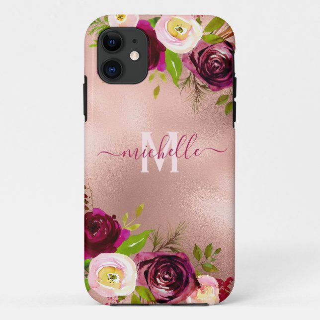 Chic Elegant Burgundy Blush Pink Floral Name Case-Mate iPhone Case (Back)