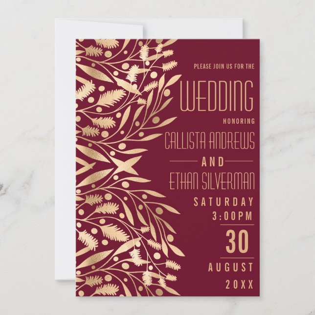 Chic Elegant Burgundy Gold Floral Foliage Wedding Invitation (Front)