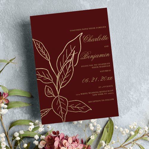 Chic elegant burgundy gold glitter floral wedding  invitation