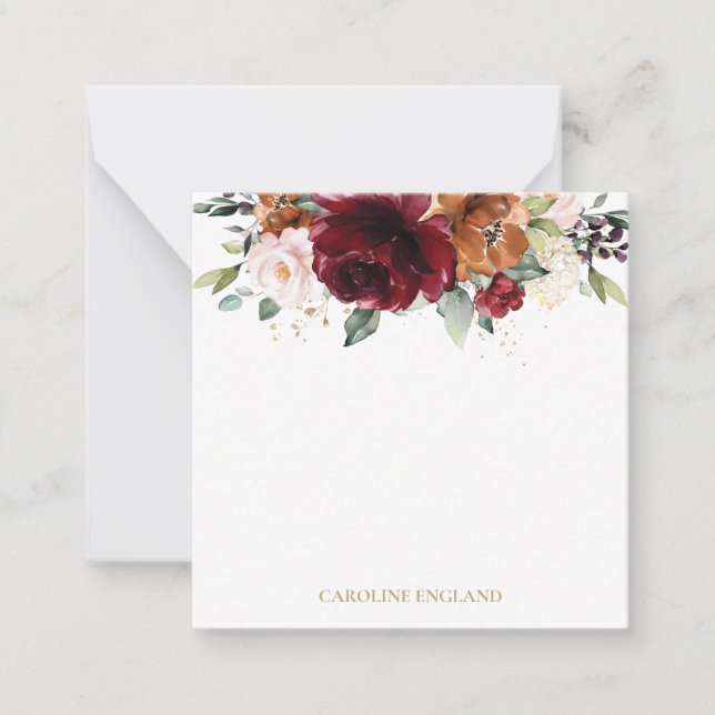 Chic Elegant Burgundy Orange Blush Ivory Floral Note Card (Front)