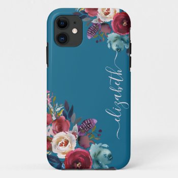 Chic Elegant Burgundy Pink Navy Floral Name Iphone 11 Case by storechichi at Zazzle