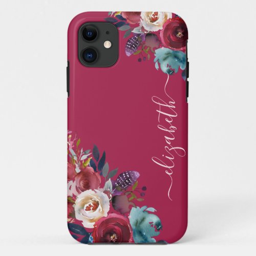 Chic Elegant Burgundy Pink Navy Floral Name iPhone 11 Case