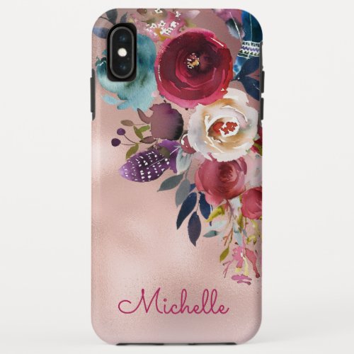 Chic Elegant Burgundy Pink Navy Floral Name iPhone XS Max Case
