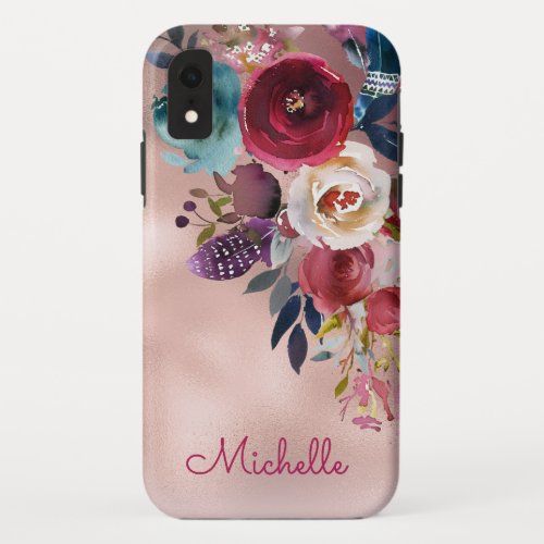 Chic Elegant Burgundy Pink Navy Floral Name iPhone XR Case