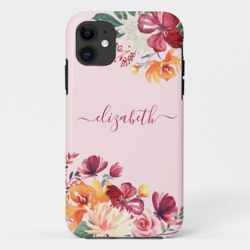 Chic Elegant Burgundy Pink Orange Floral Name iPhone 11 Case