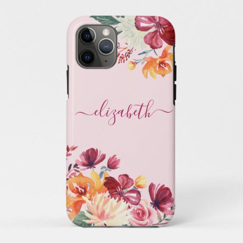 Chic Elegant Burgundy Pink Orange Floral Name iPhone 11 Pro Case