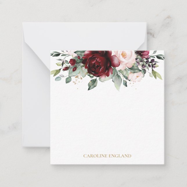 Chic Elegant Burgundy Red Pink Blush Floral Note Card (Front)