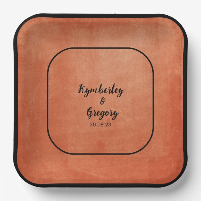 Chic Elegant Burnt Orange Black Name Paper Plates (Front)