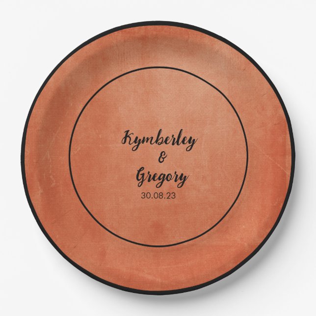 Chic Elegant Burnt Orange Black Name Paper Plates (Front)